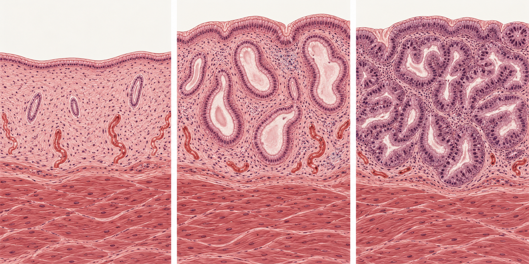 Esquemas de endométrio atrófico, espessado e com maior aglomeração glandular
