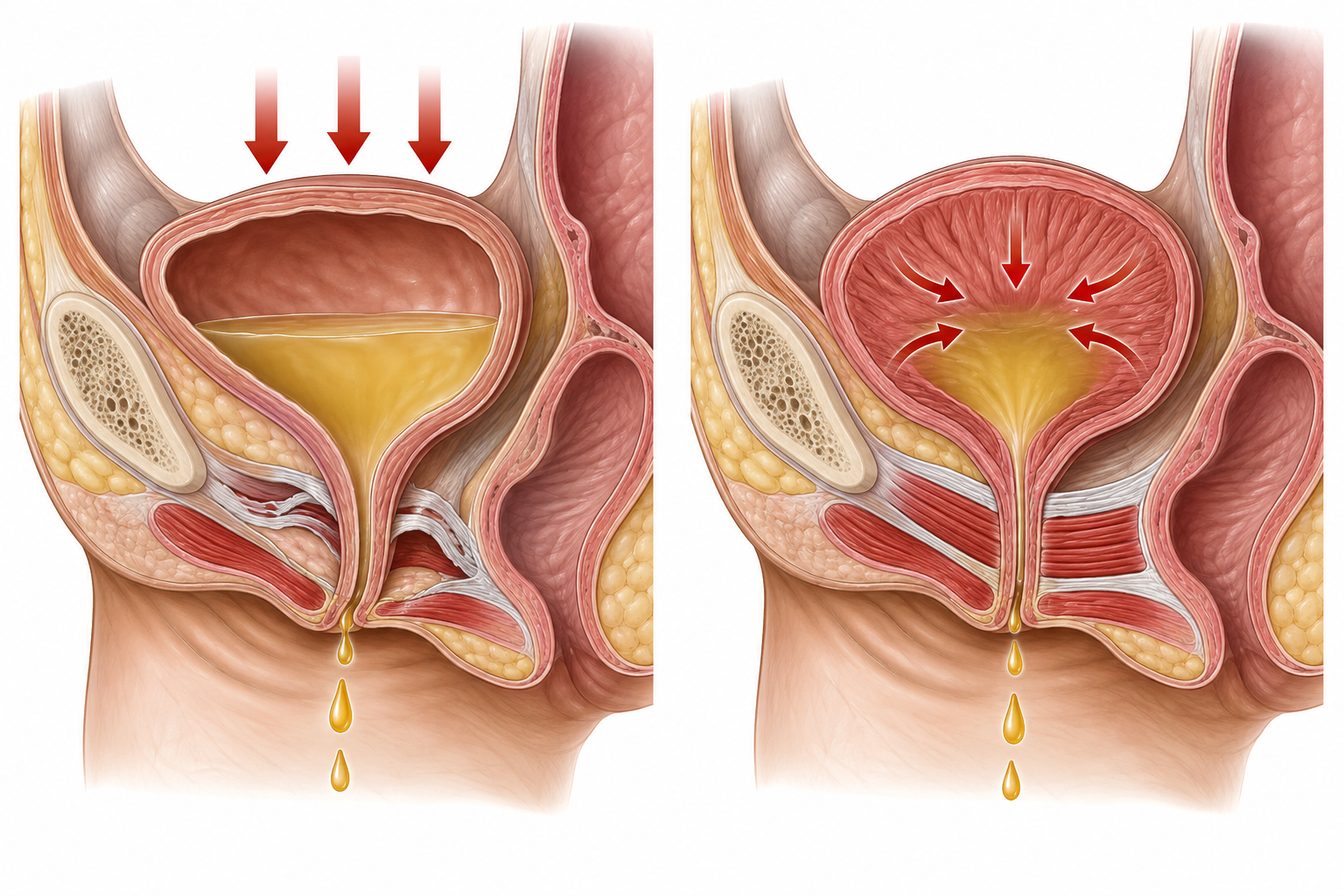 Mecanismos ilustrativos de perda urinária por esforço e associada à urgência