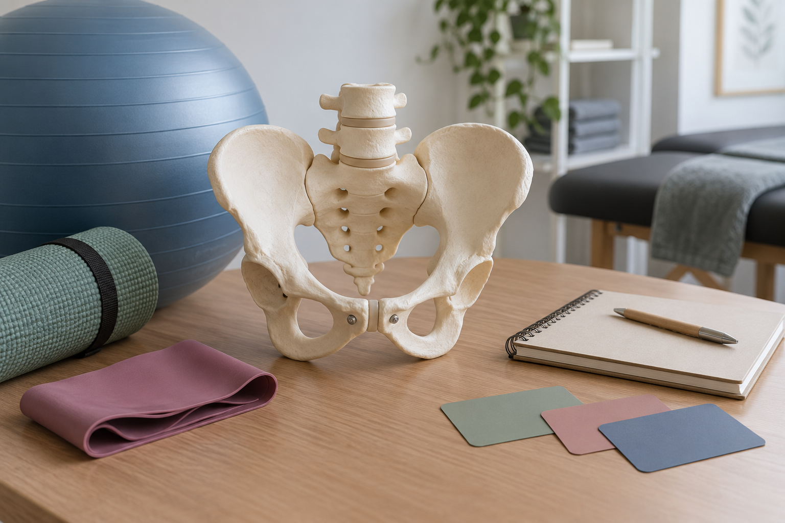 Ilustração editorial do cuidado multidisciplinar na dor pélvica, com modelo ósseo e materiais de fisioterapia