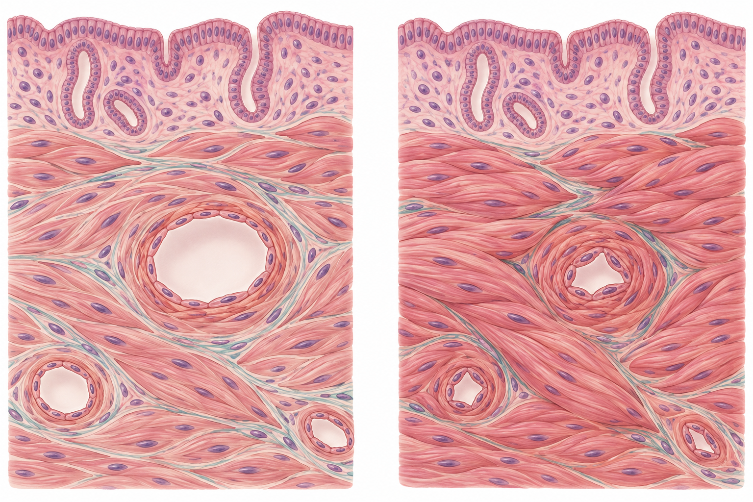 Representação do tecido uterino com diferentes graus de contração muscular e redução do calibre vascular