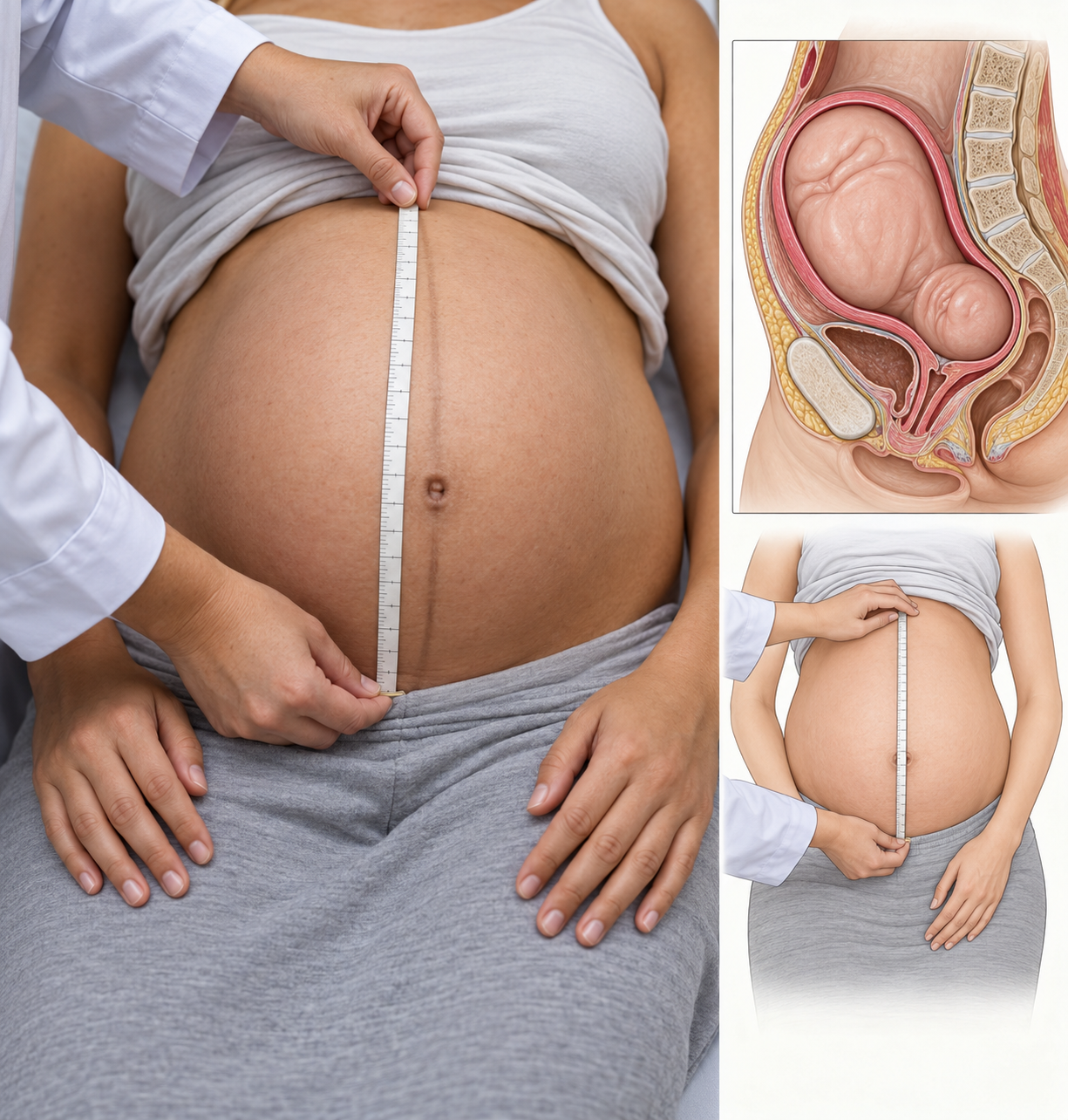 Demonstração da medida da altura uterina, da sínfise púbica ao fundo uterino