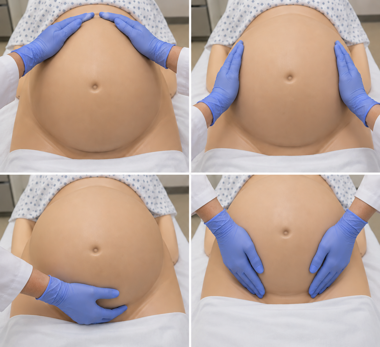 Palpação obstétrica em manequim: quatro tempos de Leopold, com atenção ao fundo, às faces laterais e ao polo inferior