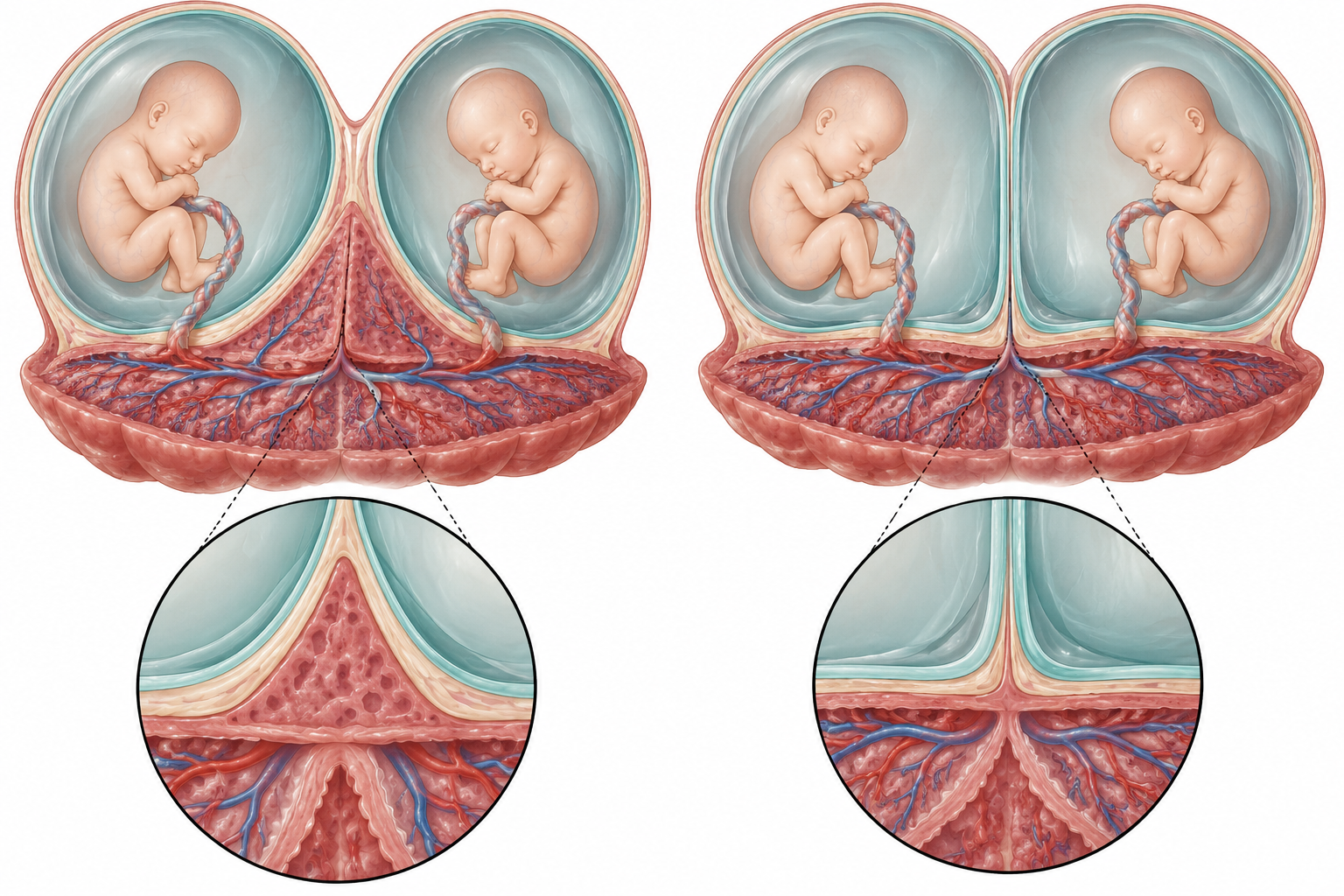 Ilustração anatômica colorida dos sinais lambda e T na inserção da membrana intergemelar