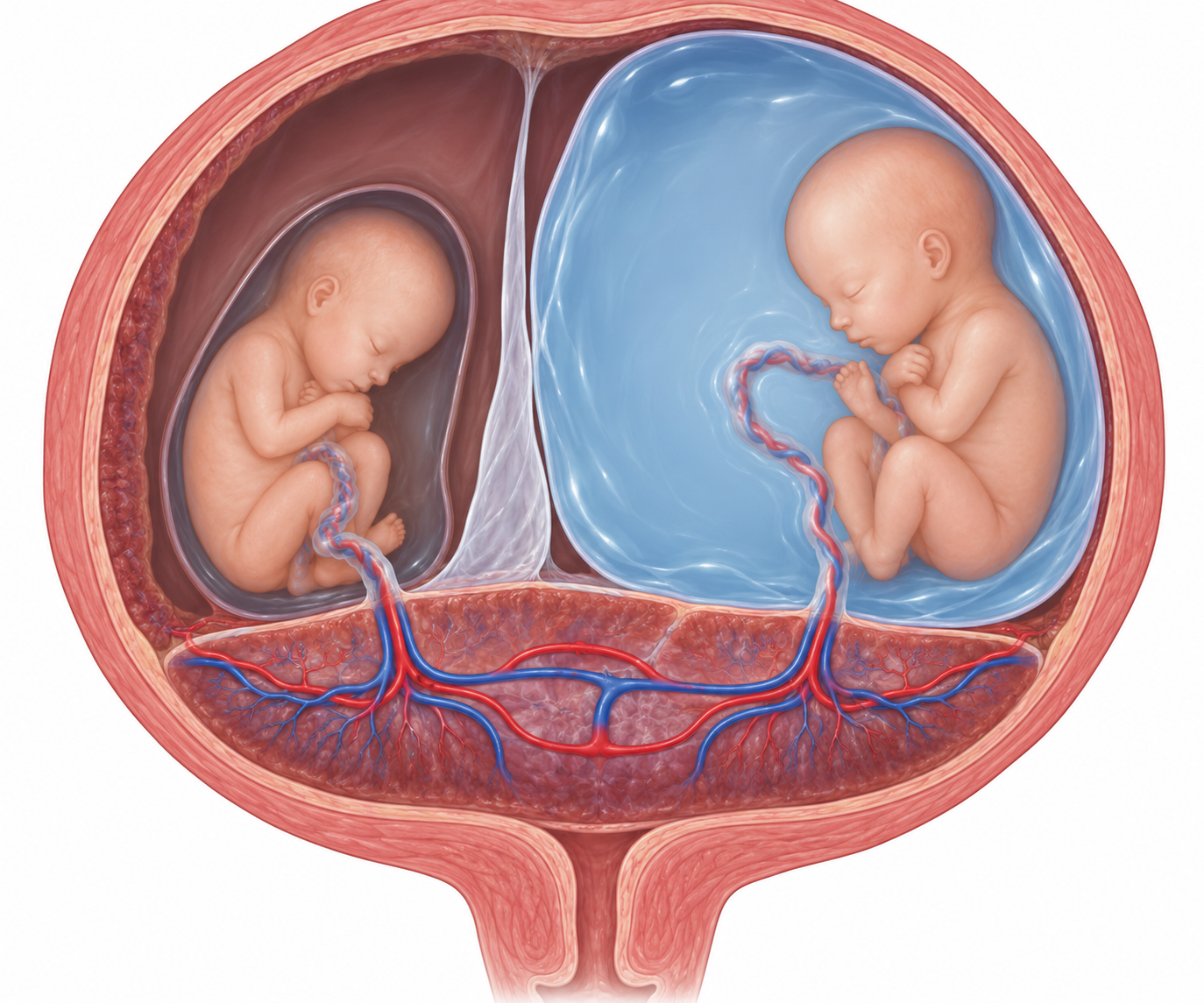Esquema de transfusão feto-fetal em placenta compartilhada, com discordância do volume de líquido amniótico