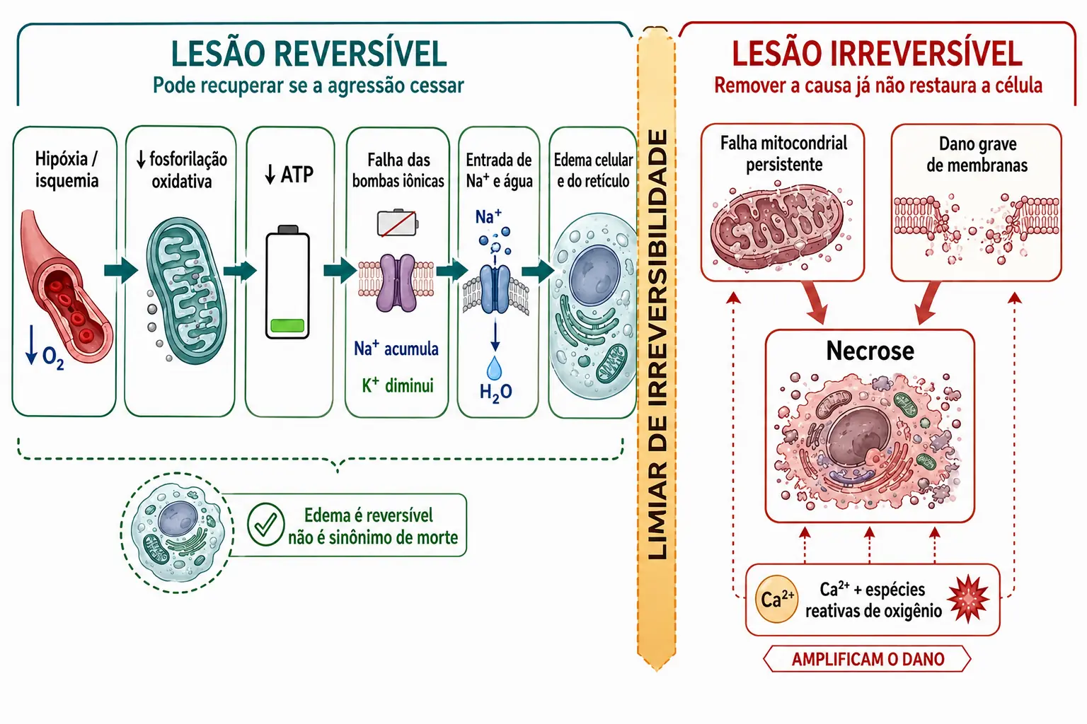 Fluxo da lesão celular por hipóxia ou isquemia: a queda de ATP causa falha das bombas e edema ainda reversível; após o limiar de irreversibilidade, falha mitocondrial persistente e dano grave de membranas levam à necrose.