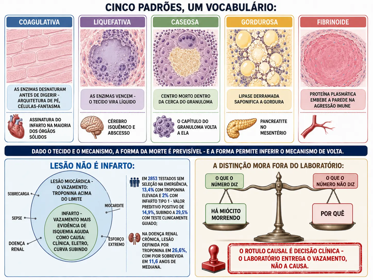Cinco cartões com os padrões de necrose coagulativa, liquefativa, caseosa, gordurosa e fibrinoide, diagrama de círculos separando lesão miocárdica de infarto com exemplos de vazamento sem isquemia, e balança entre o que o número diz e não diz.