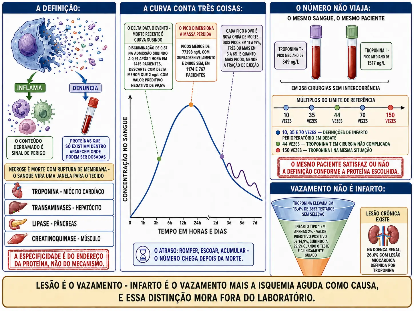 Célula rompendo membrana com setas para inflamação e para o tubo de coleta, gráfico de curva de marcador com anotações de delta, pico e segundo pico, dois tubos com troponinas T e I do mesmo sangue em escalas diferentes, régua de múltiplos do limite de referência e funil separando troponina elevada de infarto confirmado.