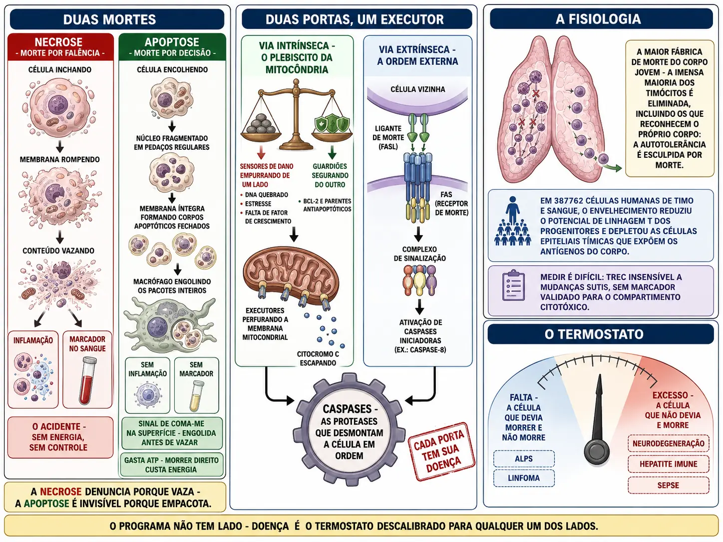 Comparação lado a lado de necrose vazando e apoptose empacotada em corpos apoptóticos, diagrama das vias intrínseca com balança da família BCL-2 e extrínseca com receptor FAS convergindo para caspases, timo eliminando timócitos e mostrador de termostato com doenças da falta e do excesso.