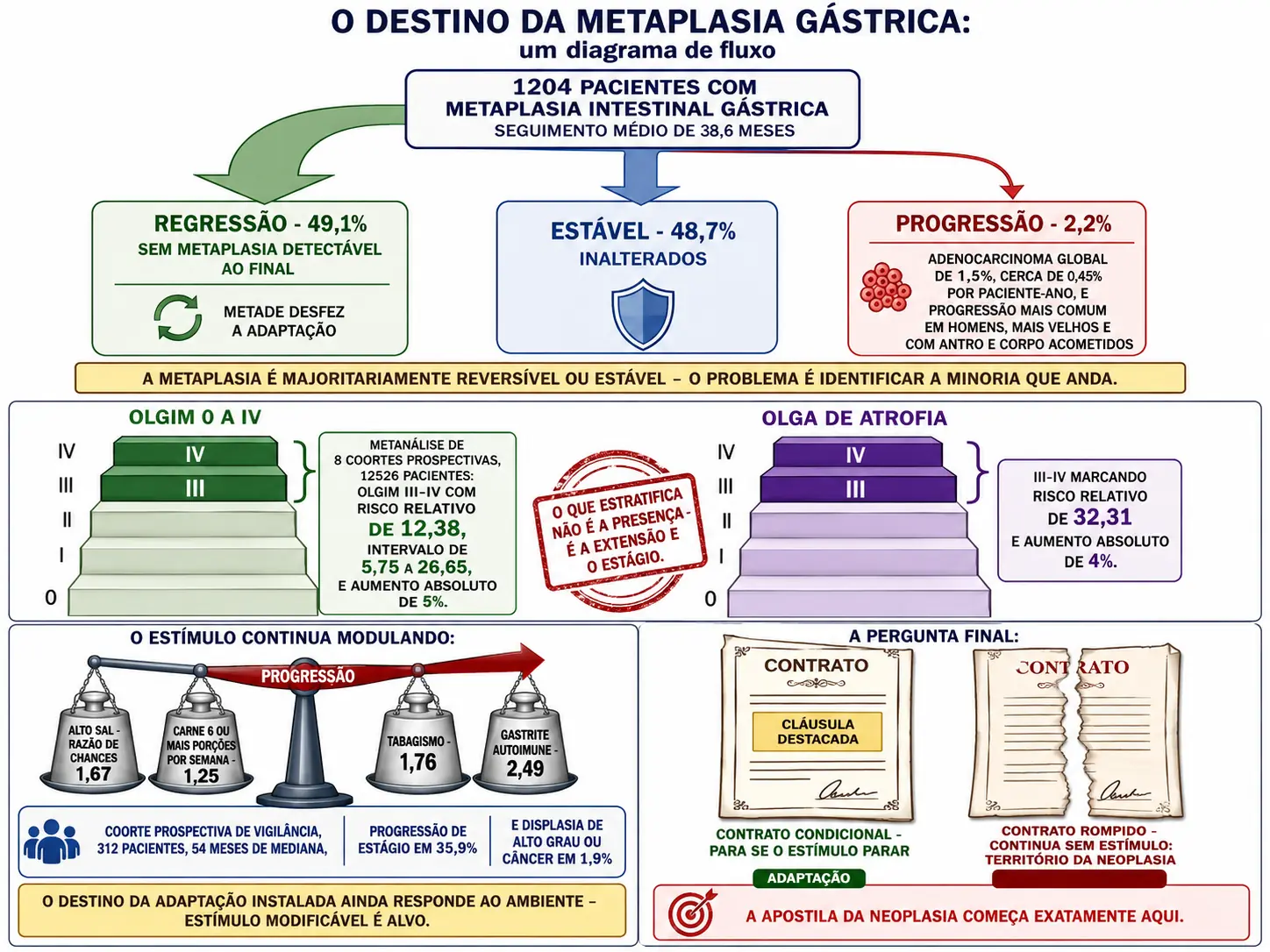 Fluxo dos 1204 pacientes com metaplasia gástrica dividido em regressão, estabilidade e progressão, escadas de estágios OLGIM e OLGA com riscos relativos, balança de fatores dietéticos e de fumo sobre a progressão, e dois contratos contrastando adaptação condicional com neoplasia.