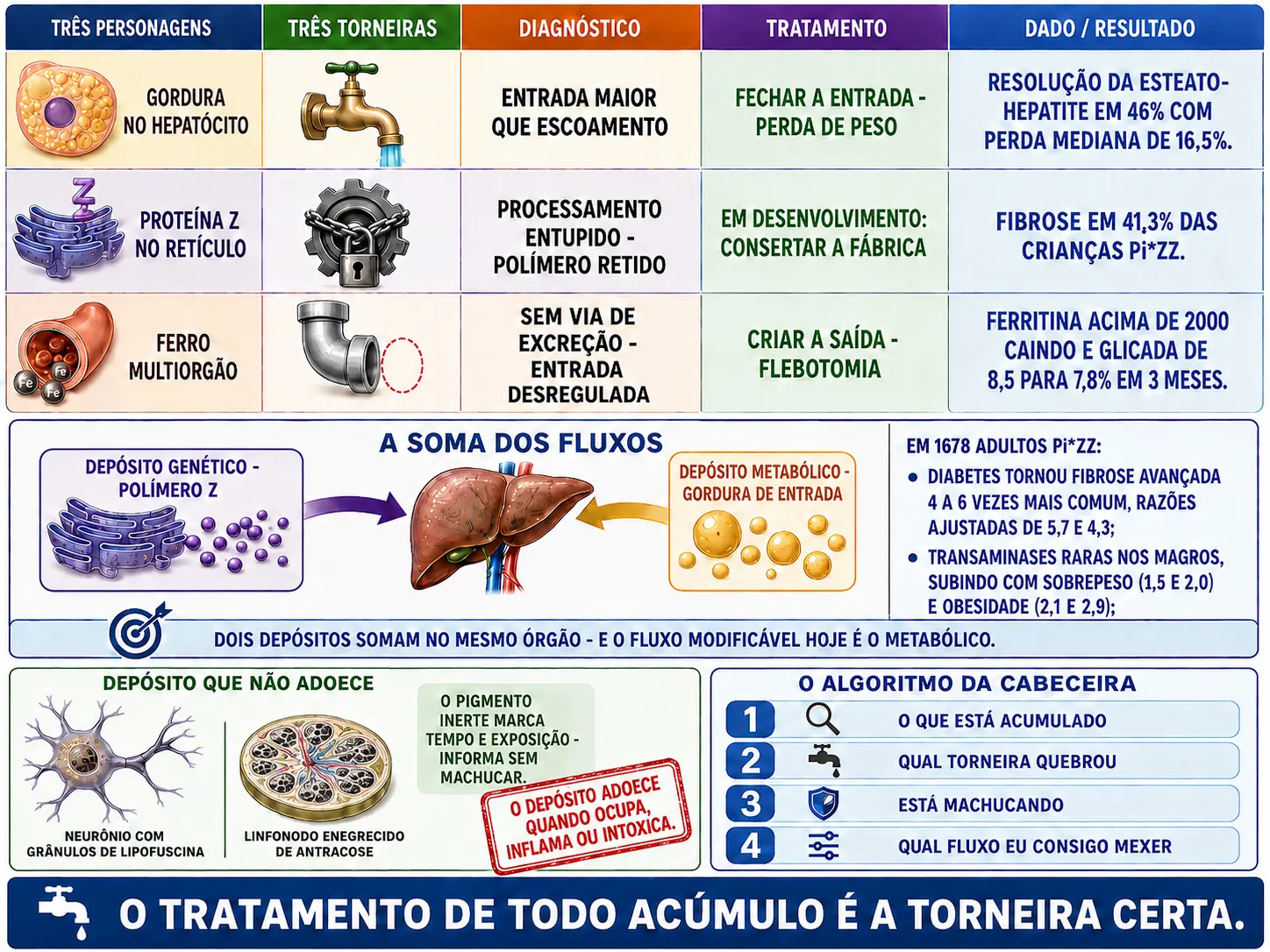 Tabela visual com gordura, proteína Z e ferro pareados às torneiras de entrada, processamento e saída com seus tratamentos, dois reservatórios somando no mesmo fígado com dados de amplificação, pigmentos inertes e algoritmo de quatro perguntas.