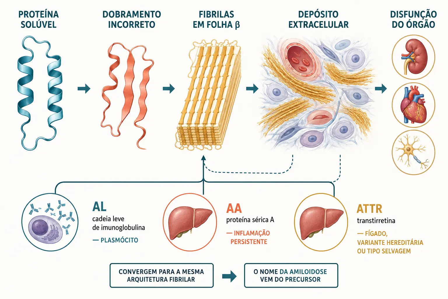 Sequência de proteína solúvel a fibrilas em folha beta e depósito extracelular, com AL, AA e ATTR convergindo para a mesma arquitetura.
