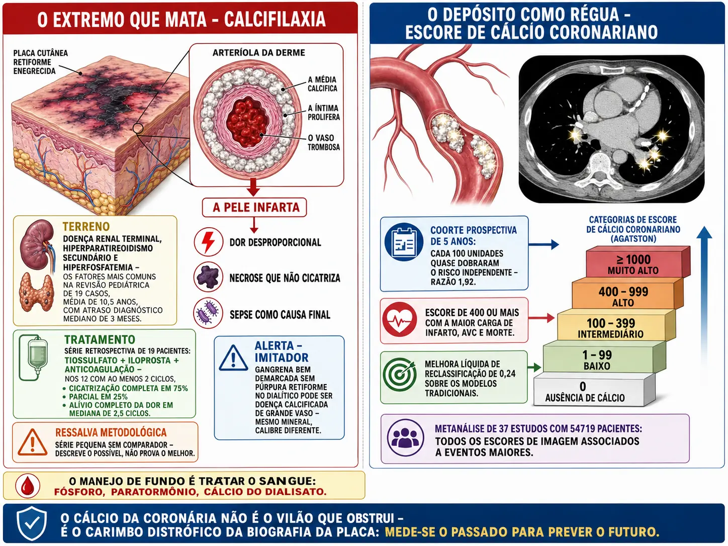 Corte de pele com arteríola calcificada e trombosada sob placa retiforme com quadros de terreno e tratamento da calcifilaxia, e coronária com placas calcificadas ao lado de escada de categorias do escore de cálcio com riscos crescentes.