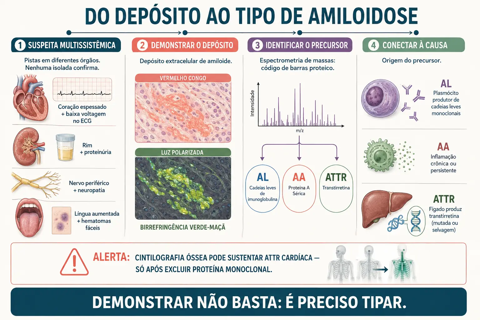 Percurso da suspeita multissistêmica à demonstração pelo vermelho Congo, tipagem proteica e identificação das fontes AL, AA e ATTR.