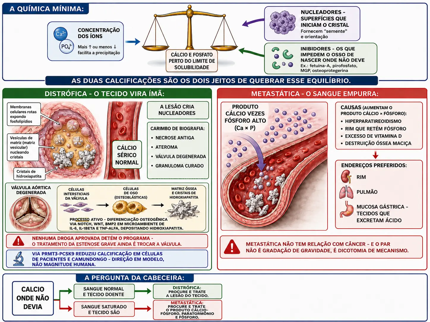 Balança da solubilidade do cálcio e fosfato com nucleadores e inibidores, tecido lesado atraindo mineral com sangue normal e válvula em diferenciação osteogênica, vaso são recebendo precipitado de plasma saturado com causas e endereços, e fluxo de decisão entre as duas receitas.
