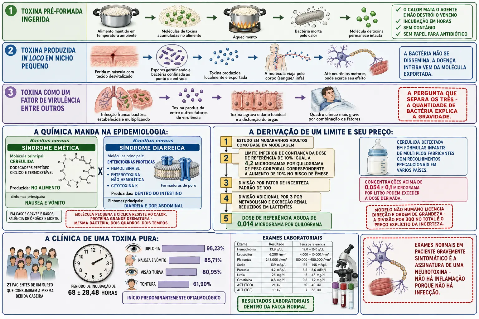 Três faixas de arranjos de toxina com panela de arroz, ferida com esporos e infecção franca, fichas comparando cereulida termoestável e enterotoxinas proteicas, escada de derivação da dose de referência e bloco de surto com sintomas e exames normais.
