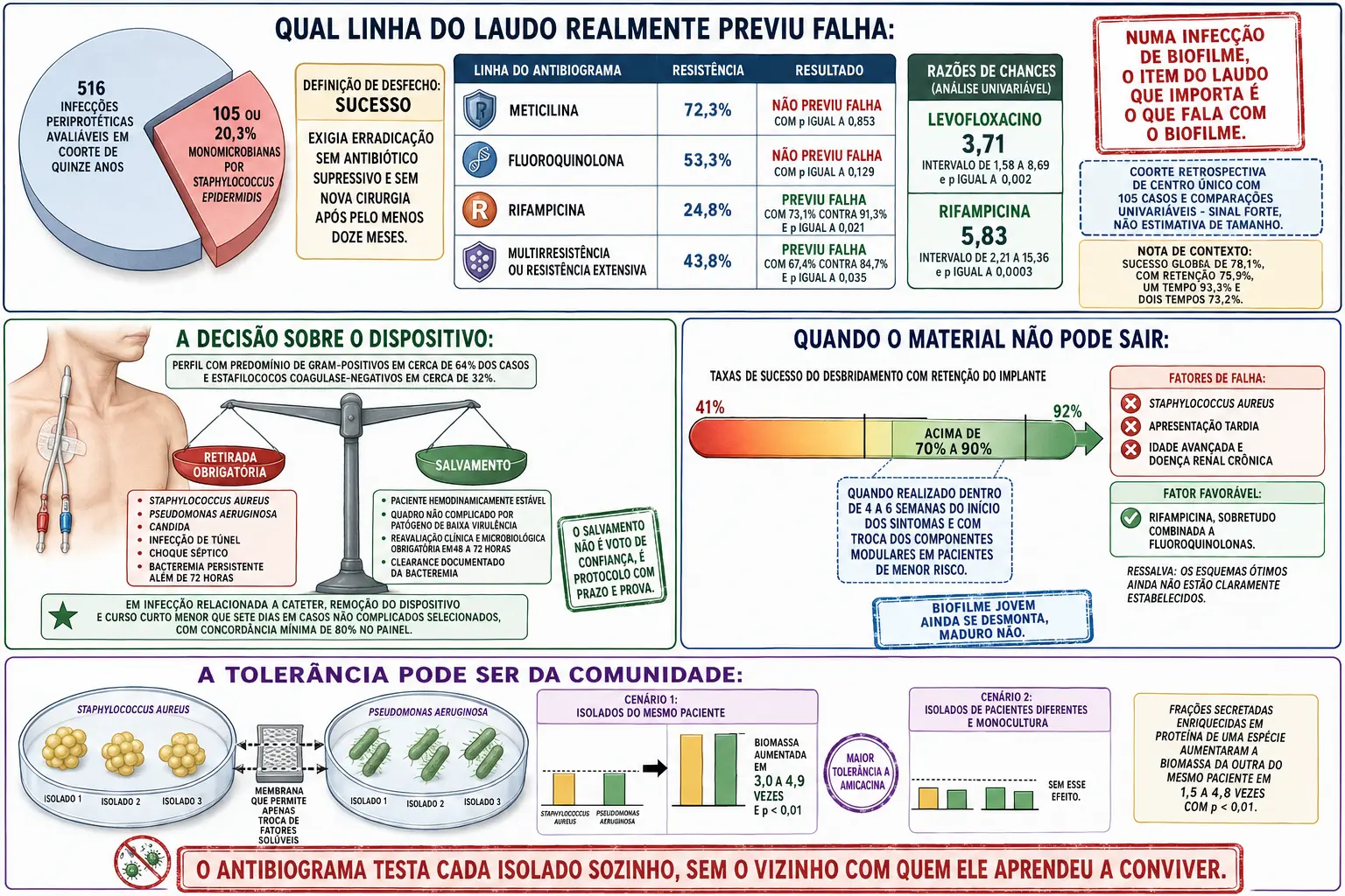 Bloco de infecções periprotéticas com quatro linhas de antibiograma e seus resultados, balança de retirada obrigatória contra salvamento de cateter, faixa de sucesso do desbridamento com janela destacada, e câmaras de cocultura comparando isolados do mesmo e de diferentes pacientes.