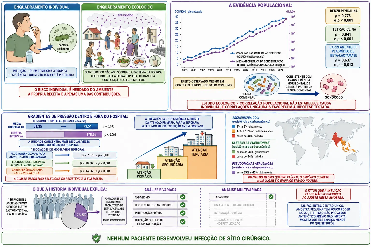 Comparação entre enquadramento individual e ecológico, gráfico de vinte e um anos com correlações e seta de flora comensal ao gonococo, barras de consumo hospitalar com escada de níveis de atenção e mapa de faixas de resistência, e bloco de portadores com bivariada contra multivariada.