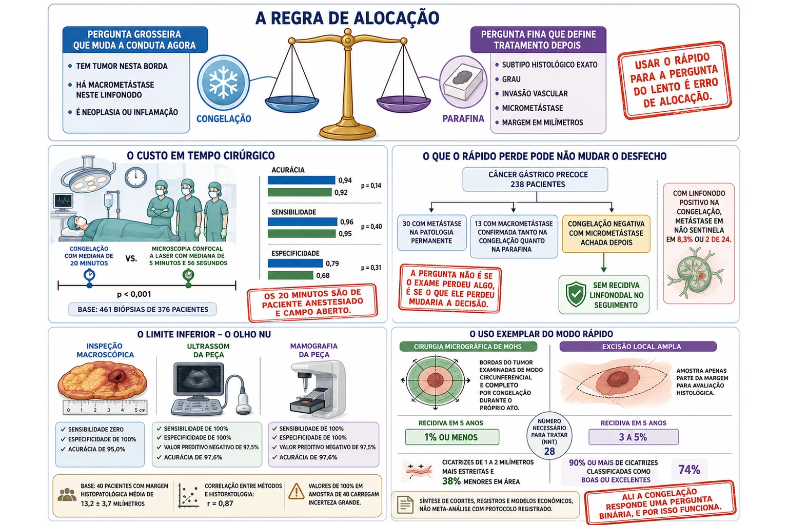 Balança separando perguntas grosseiras imediatas de perguntas finas definitivas, linha do tempo comparando o retorno da congelação e da microscopia confocal, fluxo de linfonodos gástricos com micrometástase sem recidiva, comparação de métodos de avaliação de margem incluindo inspeção macroscópica com sensibilidade zero e esquema da margem completa de Mohs contra a excisão local ampla.