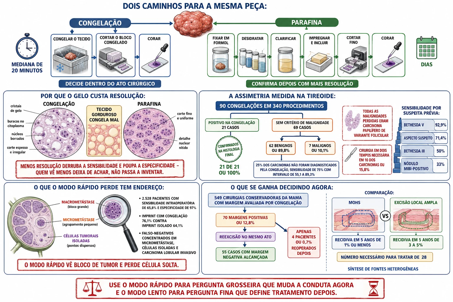 Peça cirúrgica seguindo por dois trajetos paralelos de processamento, campos microscópicos comparando artefato de gelo e corte de parafina, árvore de resultados das congelações tireoidianas, linfonodo com três tamanhos de metástase alcançados por lupa grossa e fluxo de reexcisão intraoperatória em cirurgia conservadora da mama.