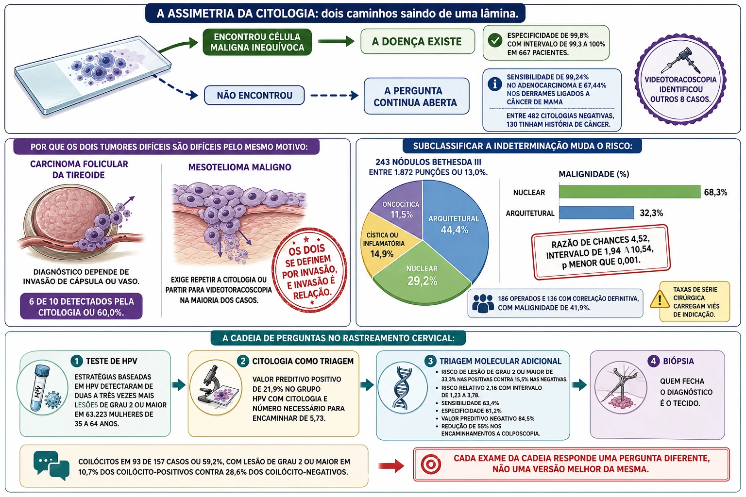 Dois caminhos assimétricos saindo de uma lâmina de citologia, colunas emparelhadas do carcinoma folicular e do mesotelioma como tumores definidos por invasão, pizza da subclassificação da atipia indeterminada com barras de malignidade e fluxo de quatro estações do rastreamento cervical terminando na biópsia.