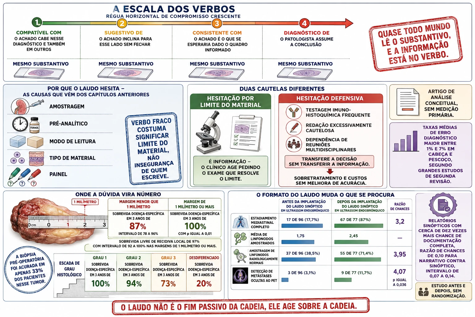 Régua de verbos com compromisso crescente sobre o mesmo substantivo, lista das causas de hesitação vindas dos capítulos anteriores, caixas comparando cautela por limite do material e cautela defensiva, régua milimetrada separando desfechos por margem cirúrgica e pares de barras mostrando o efeito do laudo estruturado sobre o que foi procurado e encontrado.