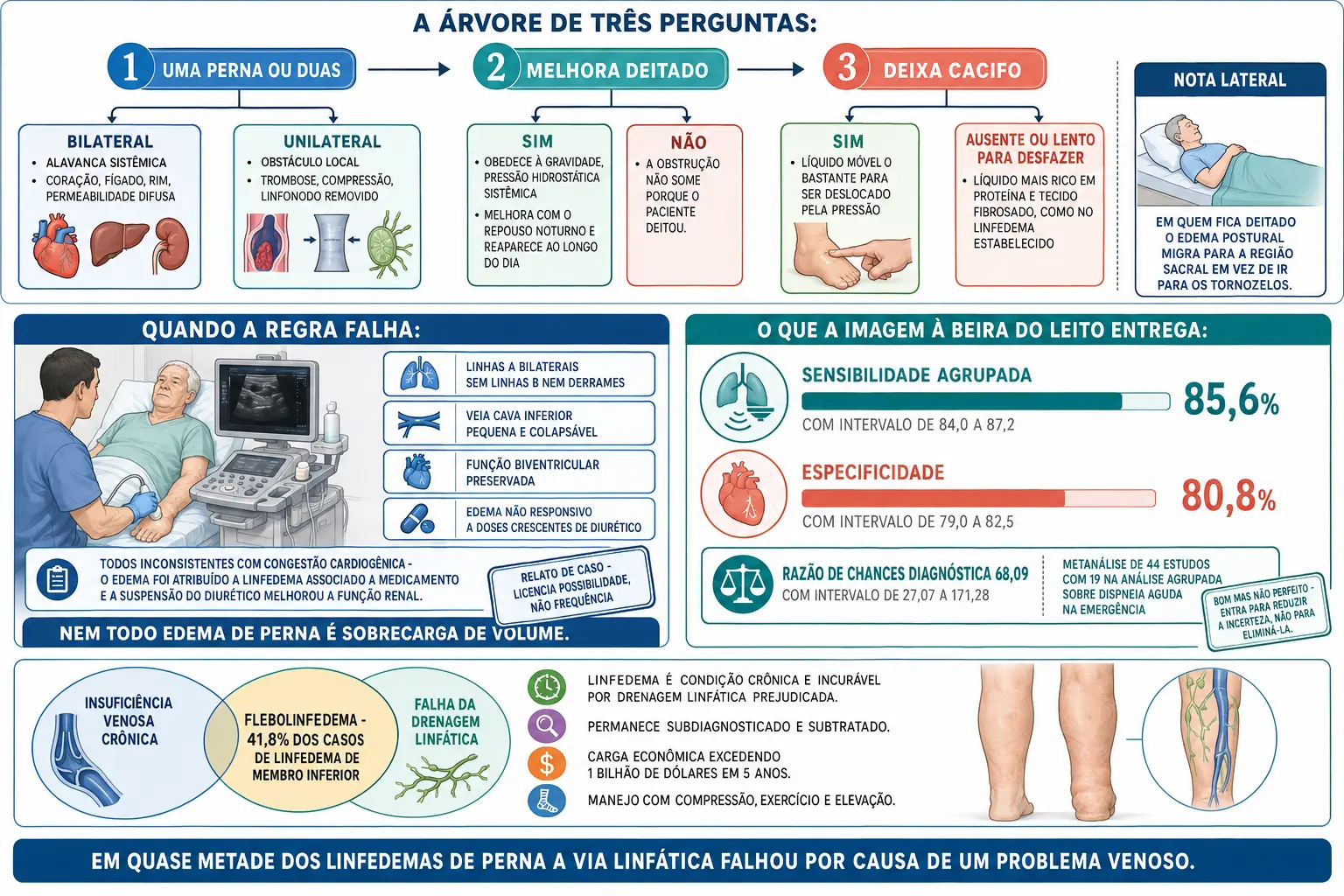 Fluxo de três perguntas sobre lateralidade, ritmo e cacifo, cena de ultrassom à beira do leito com achados inconsistentes com congestão, barras de sensibilidade e especificidade agrupadas, e círculos sobrepostos do flebolinfedema.