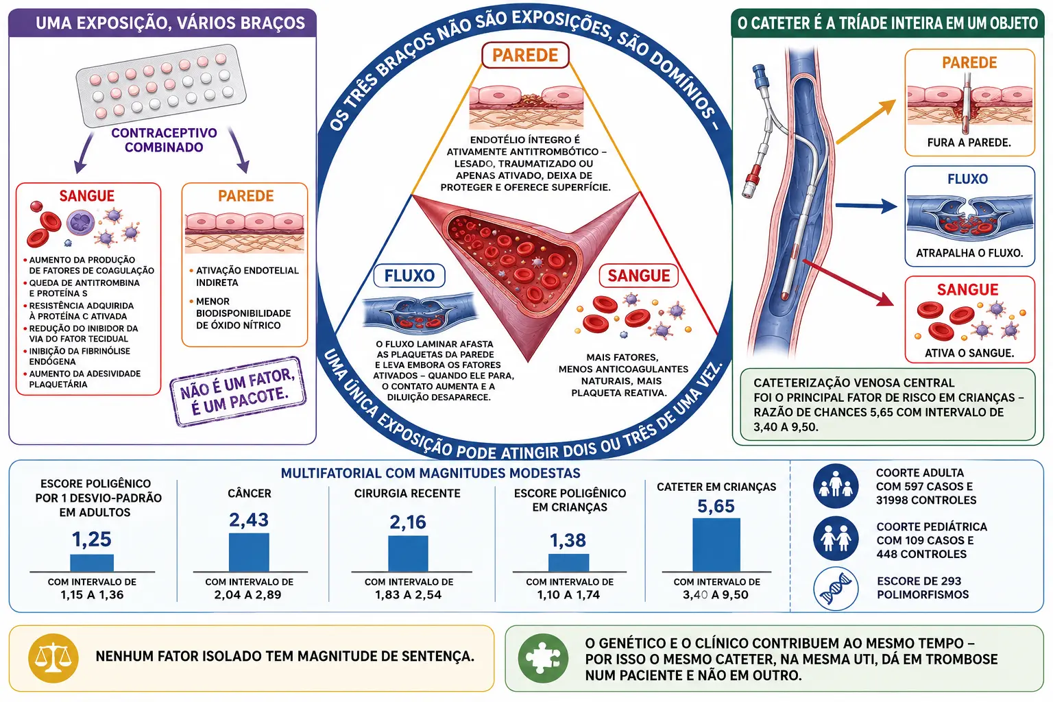 Triângulo com os domínios parede, fluxo e sangue em torno de um vaso, cartela de contraceptivo com setas para dois vértices, cateter com setas para os três, e barras de razão de chances de escore poligênico, câncer, cirurgia e cateter.