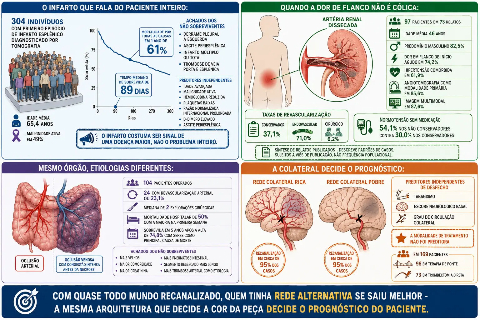 Coorte de infarto esplênico com curva de sobrevida e preditores, silhueta com dissecção de artéria renal e taxas de revascularização, alça intestinal com etiologias arterial e venosa, e dois cérebros comparando rede colateral rica e pobre.