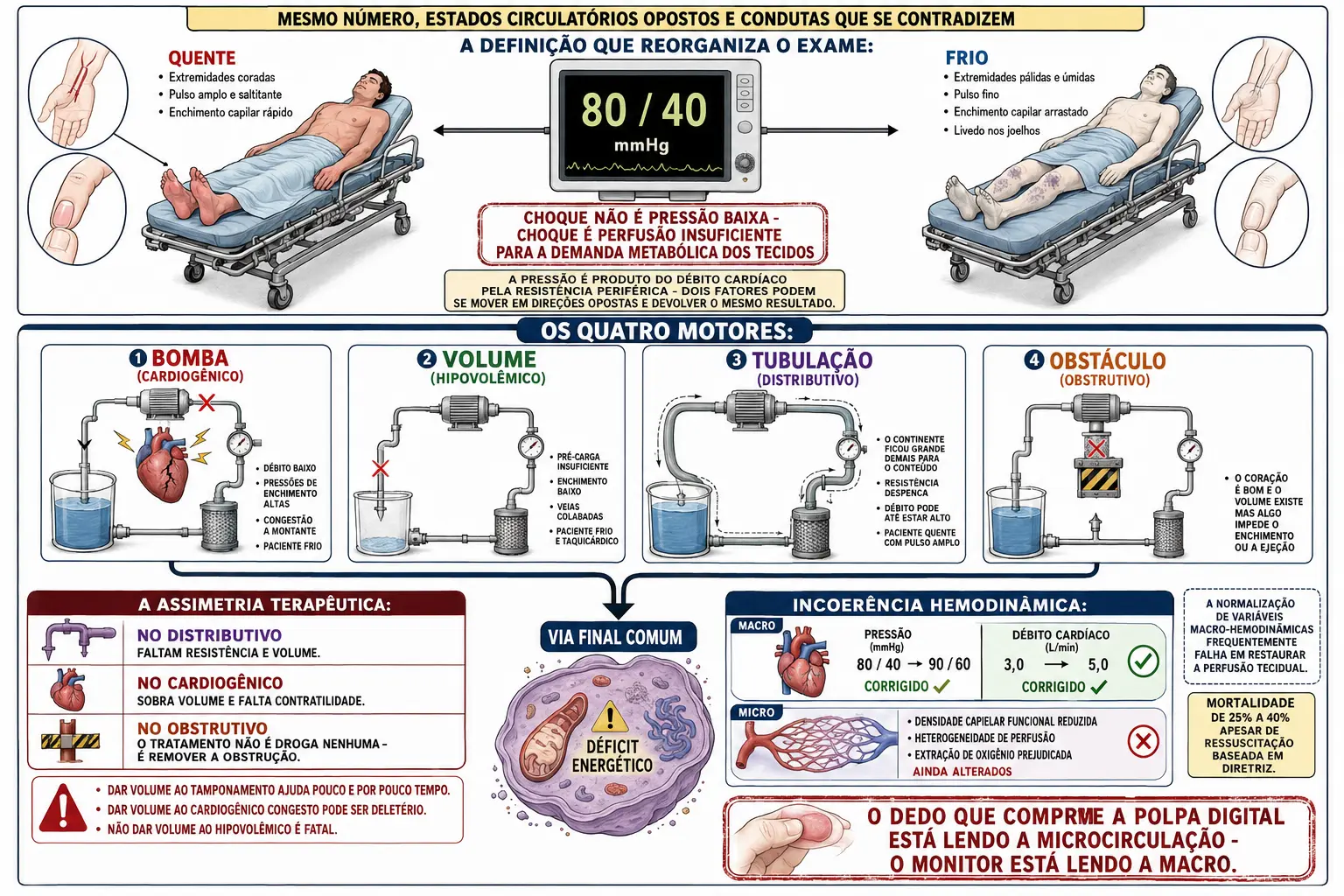 Monitor com a mesma pressão levando a dois pacientes opostos, quatro circuitos hidráulicos representando bomba, volume, tubulação e obstáculo convergindo para uma célula em déficit, e painéis sobrepostos de macro corrigida com micro ainda alterada.