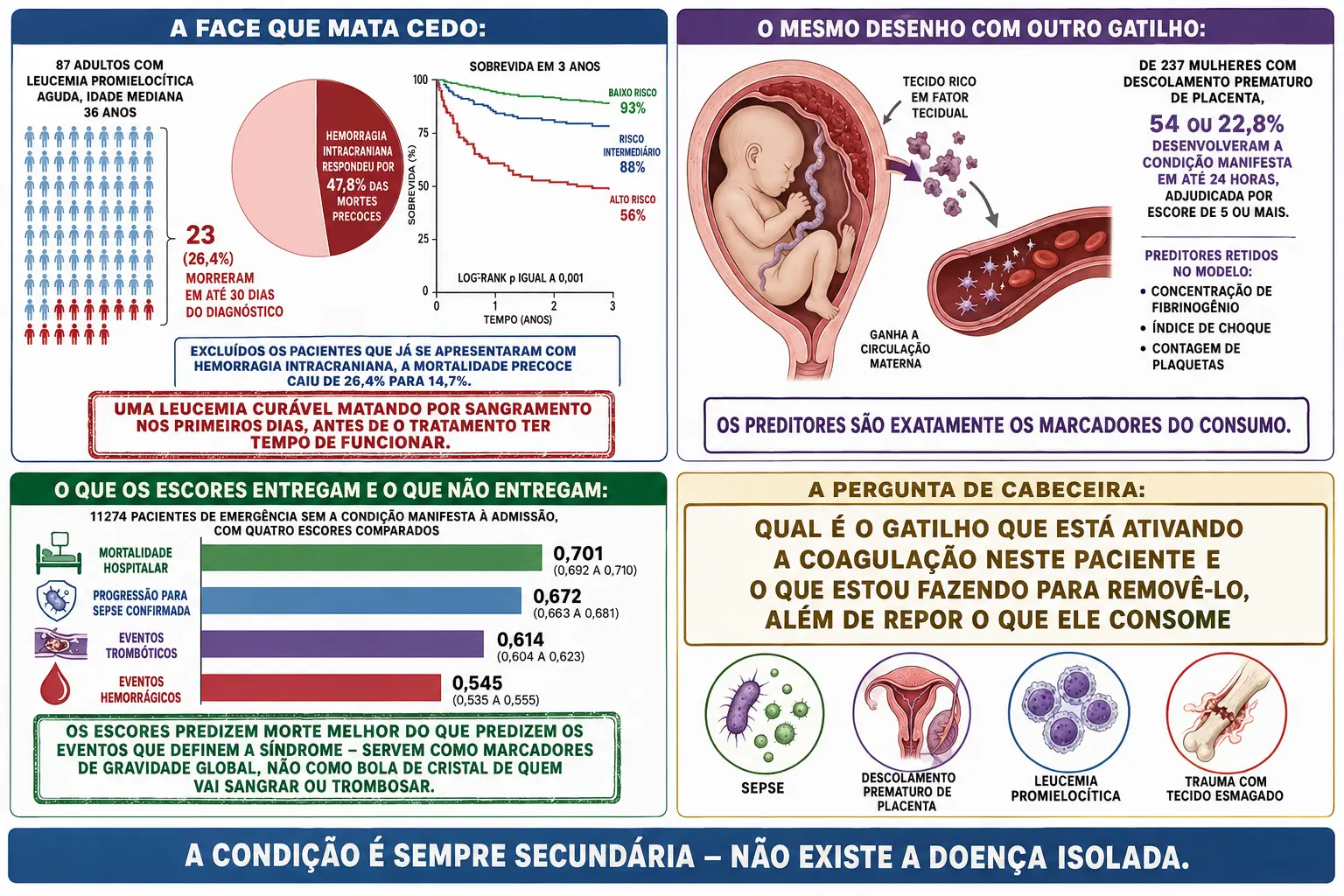 Bloco de pacientes com fatia de mortes precoces por hemorragia intracraniana e curvas de sobrevida, útero com descolamento e dados obstétricos, quatro barras de área sob a curva decrescentes, e quadro com a pergunta de cabeceira e os quatro gatilhos.