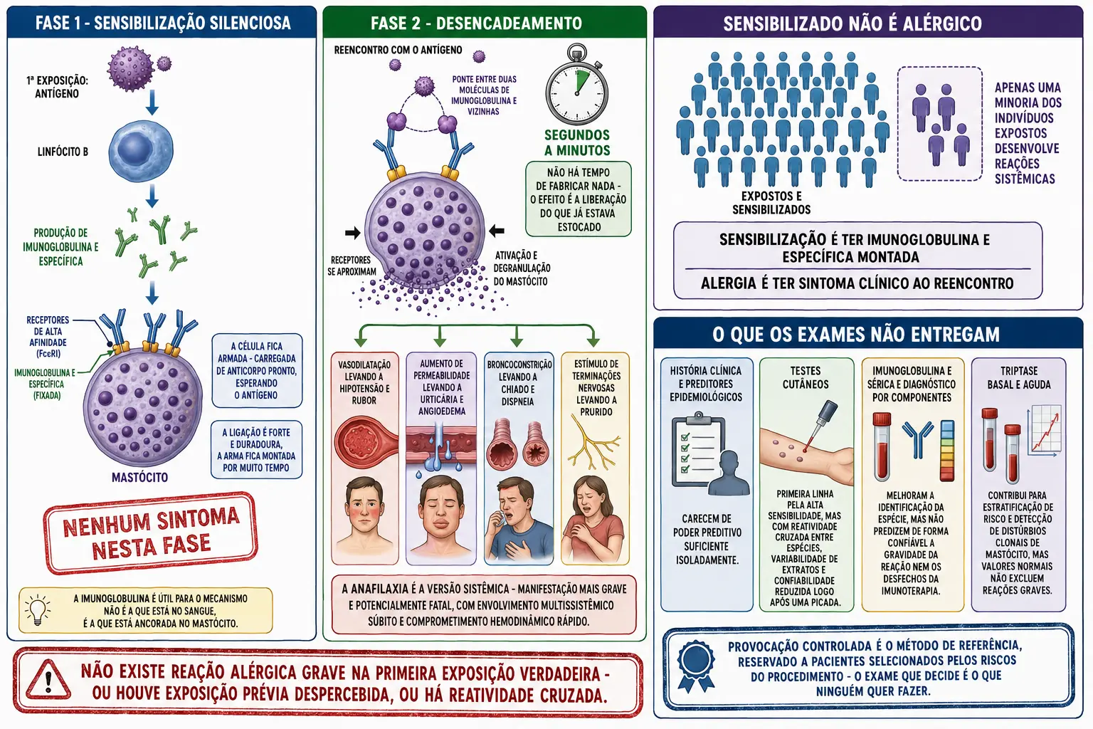 Fase de sensibilização com imunoglobulina E fixando-se no mastócito sem sintomas, fase de desencadeamento com ponte antigênica e degranulação em minutos com seus efeitos clínicos, grupos comparando sensibilizados e reatores, e cartões com os limites de cada método diagnóstico.