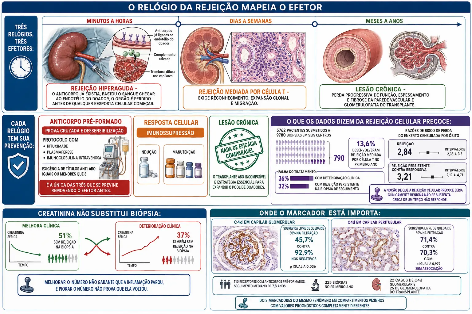 Faixa temporal com rim escurecendo na mesa, infiltrado linfocitário e artéria fibrosada, cartões de prevenção por relógio, bloco de pacientes com taxas de falha do tratamento e razões de risco, e cortes comparando C4d glomerular e peritubular.