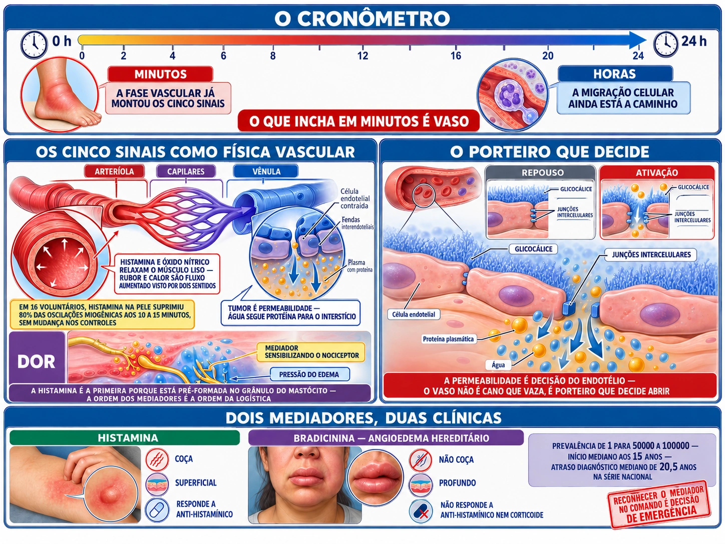 Linha do tempo contrastando minutos da fase vascular com horas da migração celular, microcirculação com arteríola dilatada e vênula de fendas abertas, endotélio como porteiro com junções e glicocálice, e comparação entre clínica da histamina e da bradicinina.
