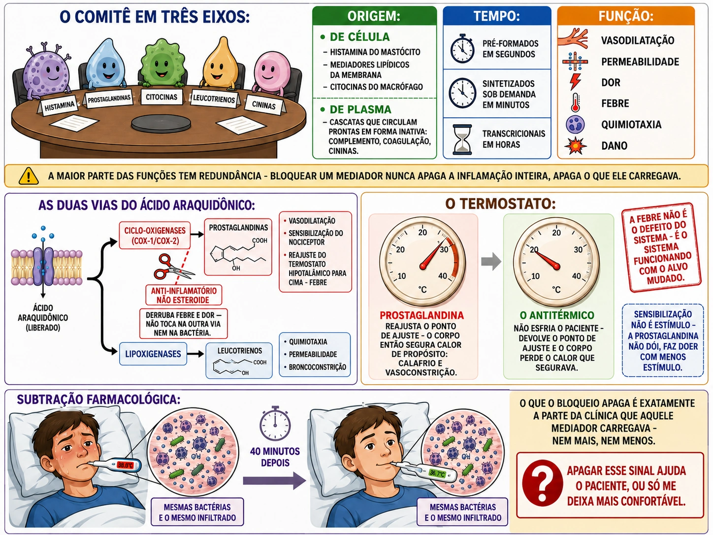 Mesa de comitê com três réguas de classificação dos mediadores, bifurcação do ácido araquidônico em ciclo-oxigenases e lipoxigenases com tesoura cortando só uma via, termostato deslocado e devolvido ao normal, e adolescente antes e depois com o mesmo tecido inflamado.