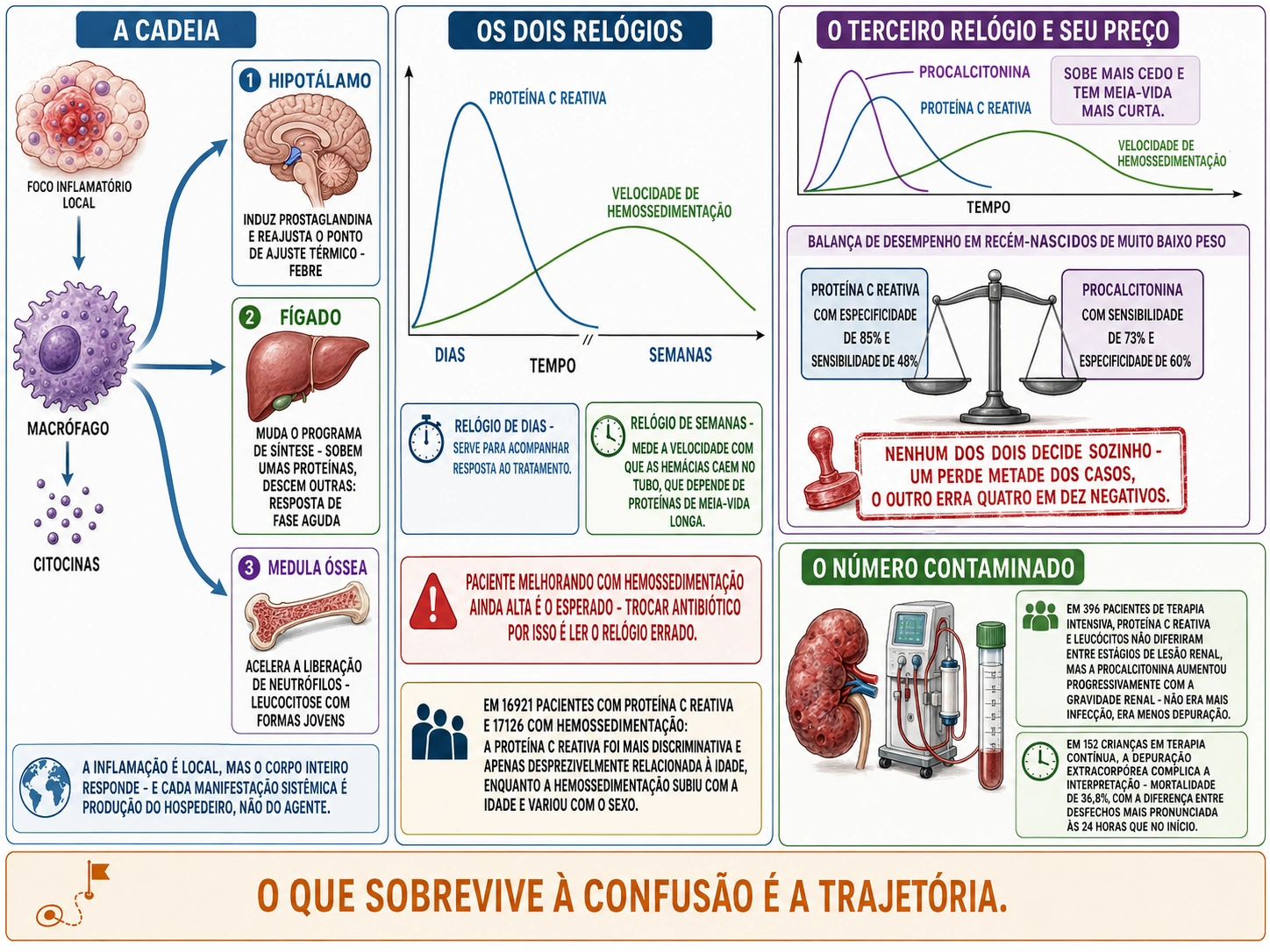 Foco inflamatório com macrófago enviando citocinas ao hipotálamo, fígado e medula, gráfico com as curvas rápidas da proteína C reativa e lenta da hemossedimentação, balança de sensibilidade e especificidade da procalcitonina, e rim com máquina de diálise contaminando o valor do marcador.