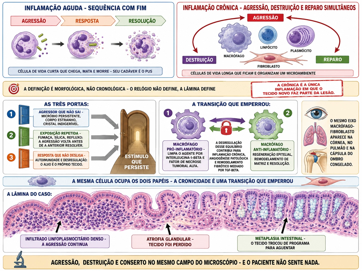 Linha do tempo da inflamação aguda com neutrófilo contra ciclo simultâneo da crônica com macrófago, linfócito, plasmócito e fibroblasto, três portas convergindo para estímulo persistente, engrenagem travada entre fenótipos de macrófago, e campo de mucosa gástrica com infiltrado, atrofia e metaplasia.