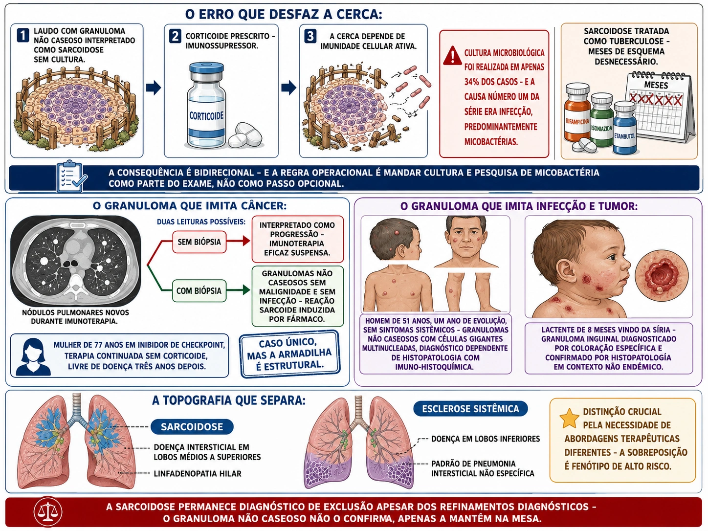 Sequência mostrando corticoide desfazendo a cerca do granuloma e o erro inverso de antibiótico desnecessário, bifurcação entre biopsiar ou não nódulos durante imunoterapia, nódulos subcutâneos e caso pediátrico de granuloma inguinal, e dois pulmões separando sarcoidose de esclerose sistêmica pela topografia.