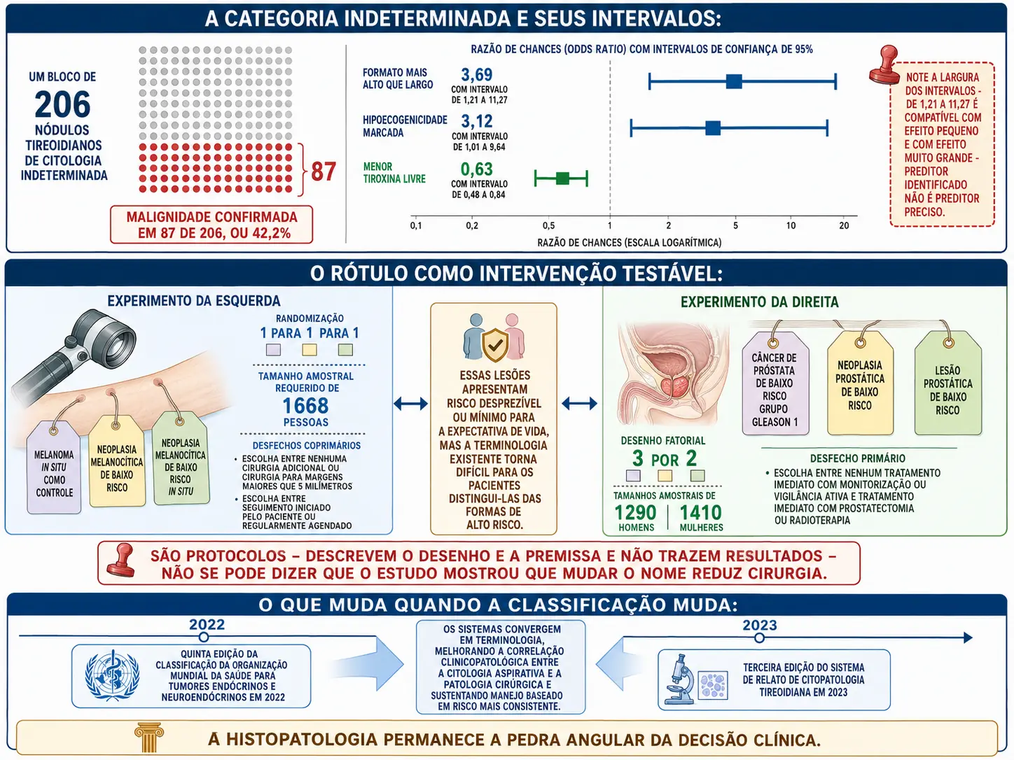 Bloco de nódulos indeterminados com barras de razão de chances de intervalos largos, dois experimentos randomizados de rótulo com seus braços e tamanhos amostrais e selo de protocolo, e linha do tempo de convergência das classificações.