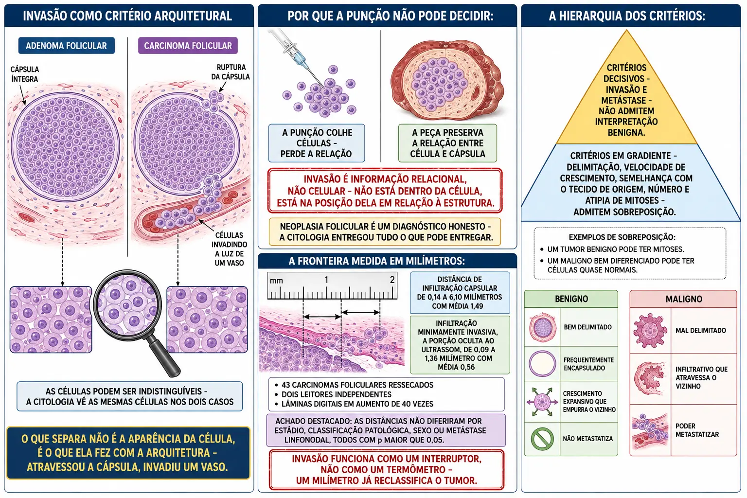Dois nódulos encapsulados com células idênticas e um deles rompendo a cápsula e invadindo vaso, agulha de punção contra peça cirúrgica inteira, régua micrométrica medindo a infiltração capsular, e pirâmide separando critérios decisivos de critérios em gradiente.