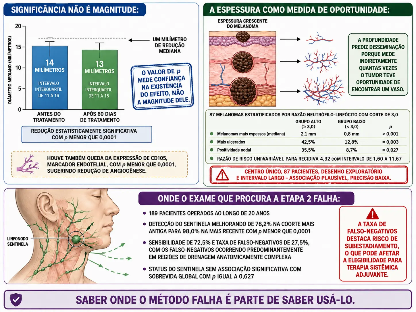 Duas barras quase idênticas ilustrando significância sem magnitude, cortes de pele com melanomas de espessuras crescentes e dados de razão neutrófilo-linfócito, e cabeça e pescoço com drenagem linfática complexa e taxas de detecção e falso-negativos.
