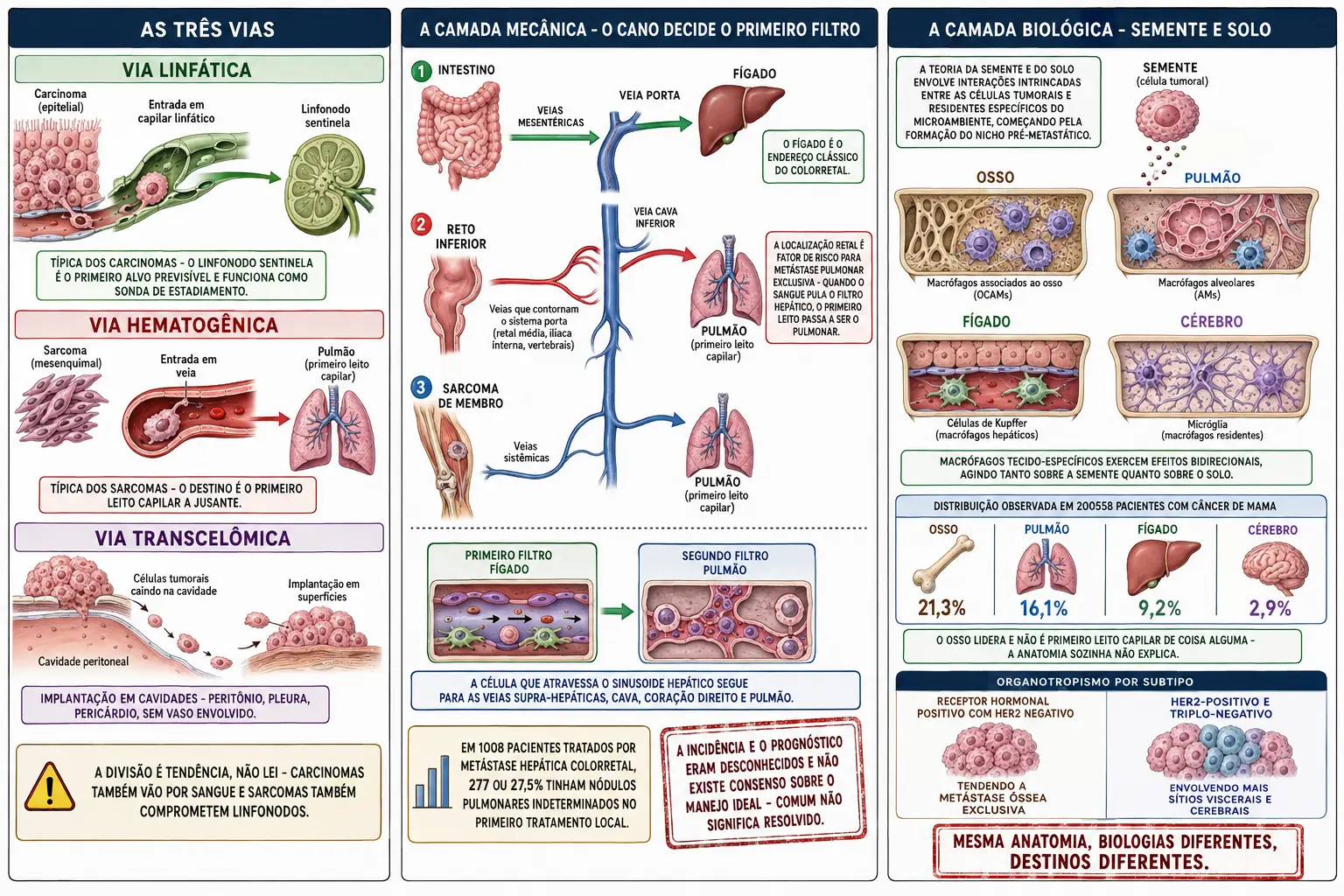 Três faixas com as vias linfática, hematogênica e transcelômica, mapa anatômico com trajetos intestino-fígado, reto-pulmão e sarcoma-pulmão com filtros em série, e canteiros de semente e solo com a distribuição de sítios no câncer de mama.