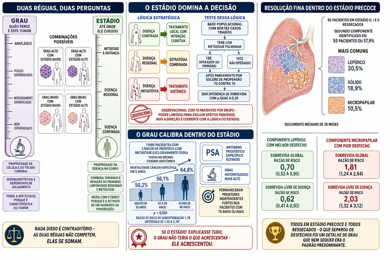 Duas réguas verticais com as perguntas de ferocidade e extensão e quatro quadrantes de combinações, fluxo de estratégias por estádio com o estudo de prostatectomia citorredutora, bloco de pacientes metastáticos com o grau ainda preditivo, e corte pulmonar com o segundo componente histológico.