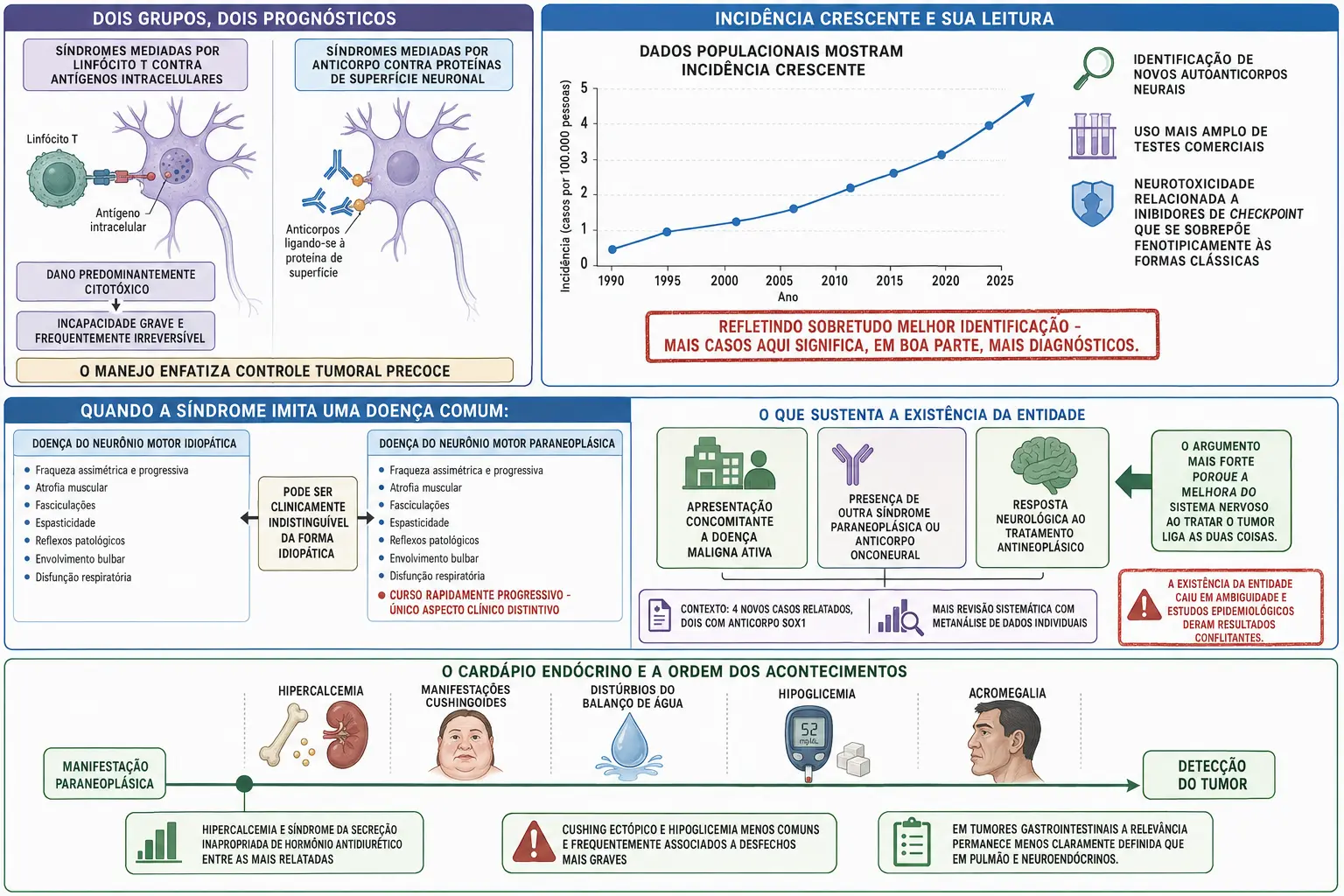 Dois neurônios com ataque intracelular e de superfície, curva de incidência crescente com suas causas, colunas clínicas idênticas exceto pelo curso rapidamente progressivo, e linha do tempo com o cardápio endócrino precedendo a detecção do tumor.