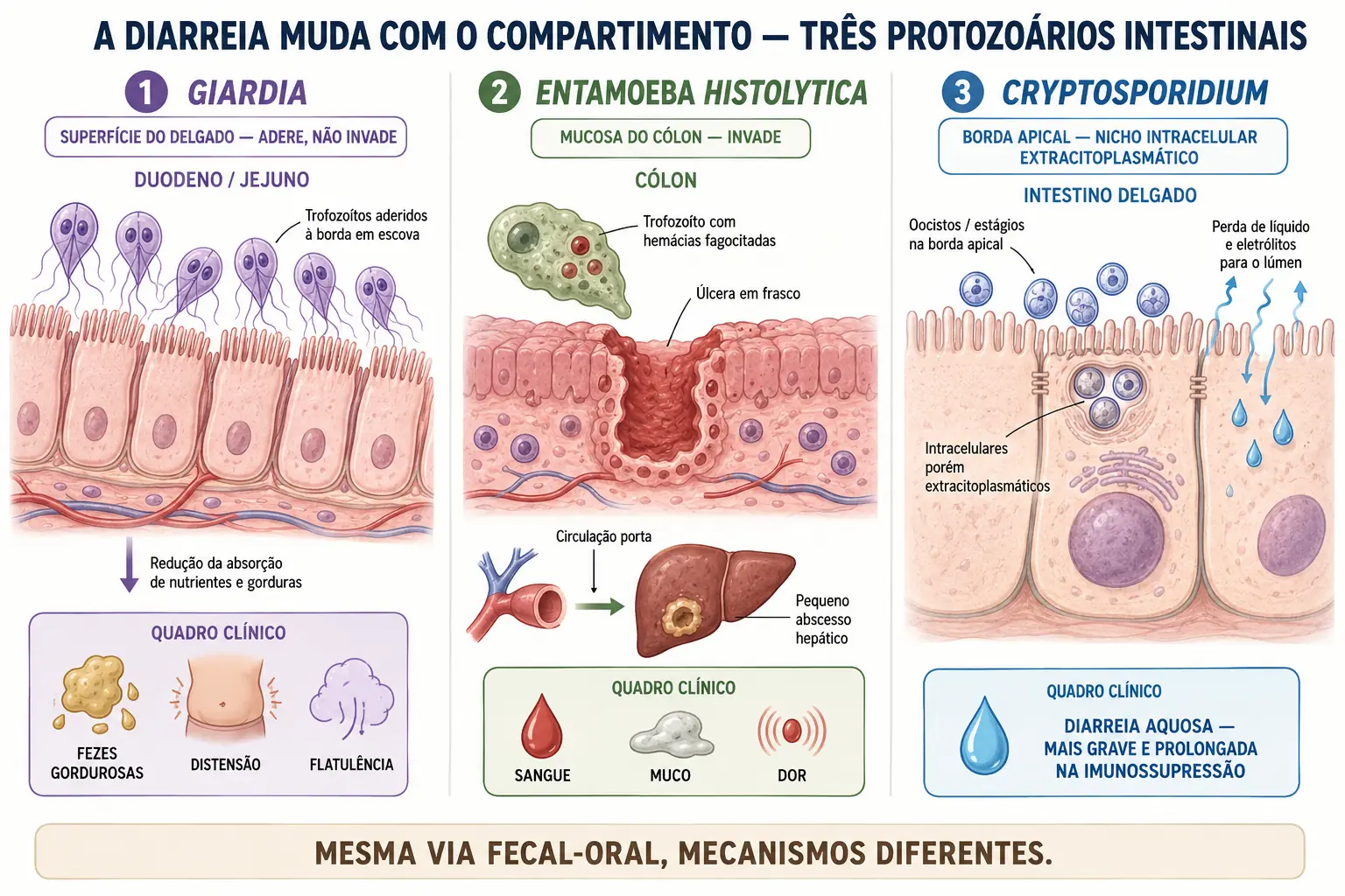 Comparação de Giardia na superfície do delgado, Entamoeba histolytica invadindo o cólon e Cryptosporidium na borda apical.