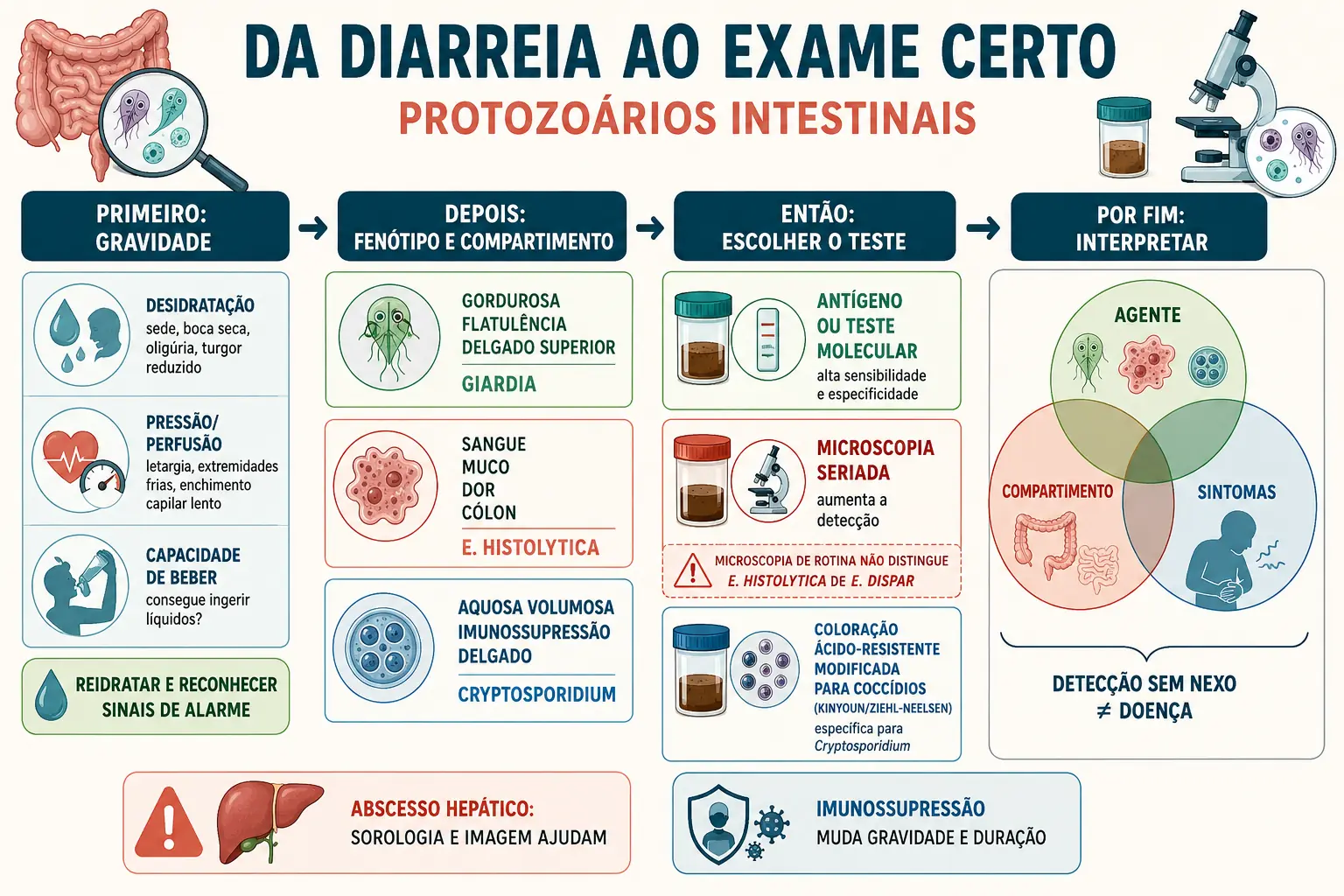 Fluxo da avaliação de gravidade ao fenótipo, escolha do exame e interpretação conjunta de agente, compartimento e sintomas.