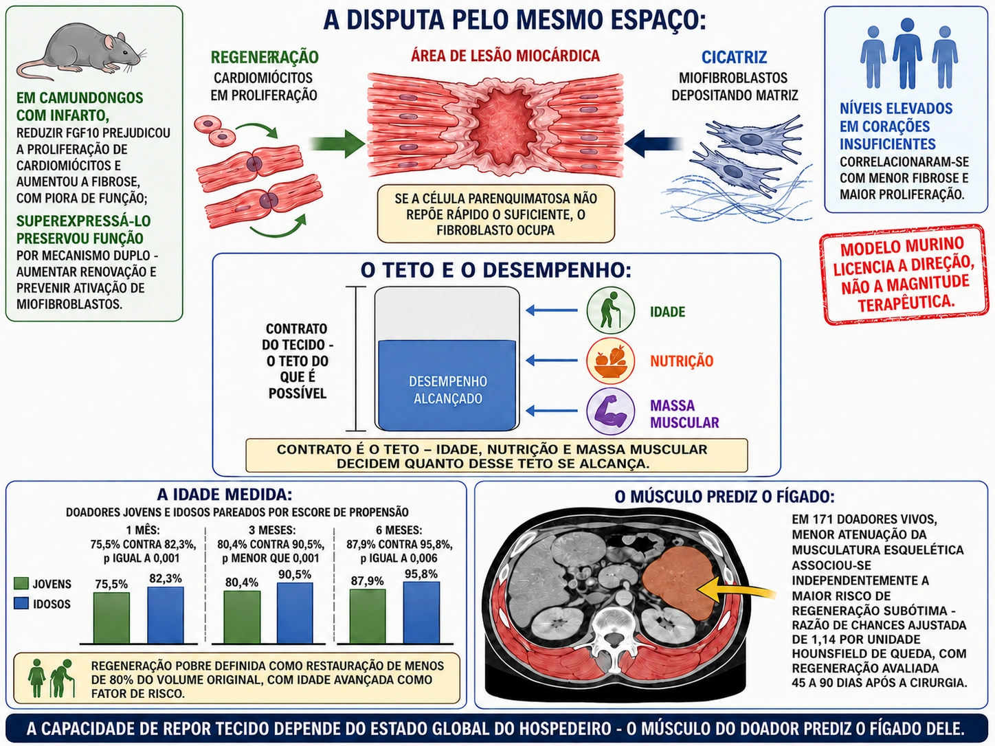 Área de lesão disputada entre cardiomiócitos em proliferação e miofibroblastos depositando matriz, barra do contrato com preenchimento parcial modulado por idade, nutrição e massa muscular, gráfico de regeneração hepática por idade em três tempos, e tomografia com musculatura predizendo regeneração.
