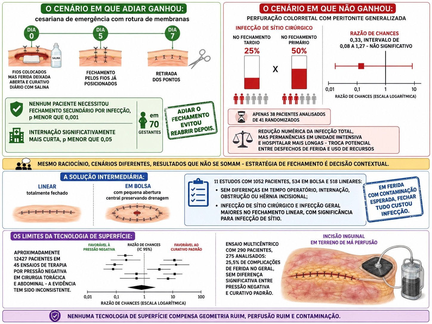 Linha do tempo do fechamento tardio em cesariana com seus resultados, barras do ensaio em perfuração colorretal com intervalo atravessando o 1, comparação entre fechamento linear e em bolsa com dados de infecção, e gráfico de floresta com incisão inguinal mostrando limites da pressão negativa.