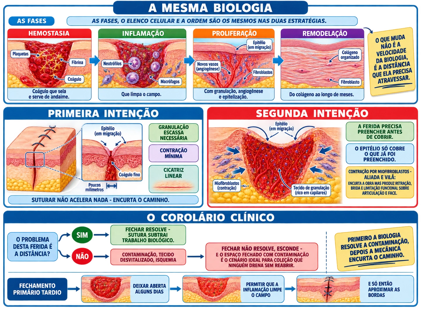 Faixa com as quatro fases idênticas nas duas estratégias, corte de pele com bordas aproximadas e espaço morto mínimo, corte com defeito aberto mostrando granulação subindo e miofibroblastos contraindo, e bifurcação sobre distância contra contaminação com a via do fechamento primário tardio.