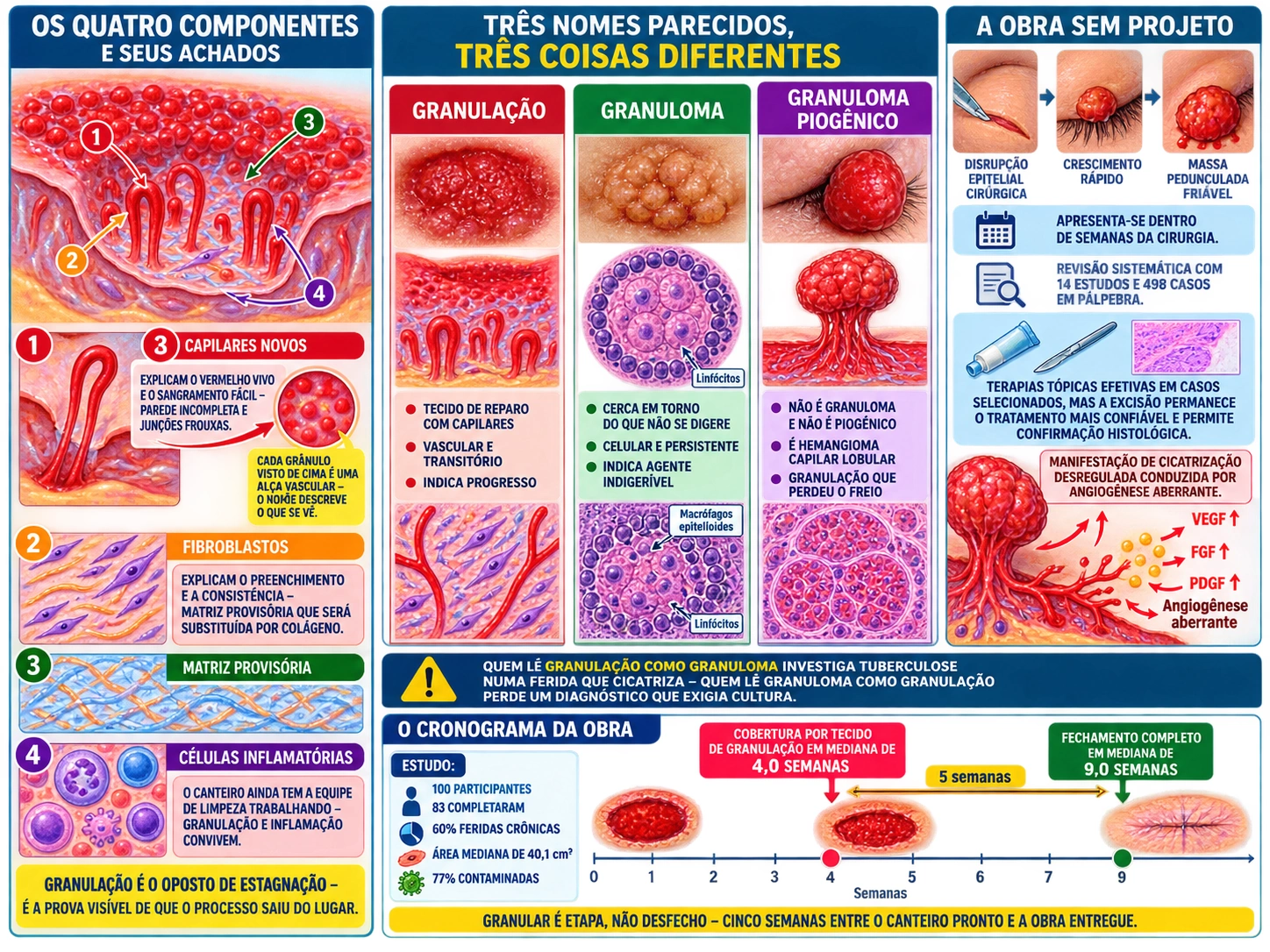 Corte de leito de ferida com quatro componentes numerados e seus achados clínicos, três cartões separando granulação, granuloma e granuloma piogênico, sequência da lesão pós-cirúrgica com dados da revisão, e linha do tempo com granulação em quatro semanas e fechamento em nove.