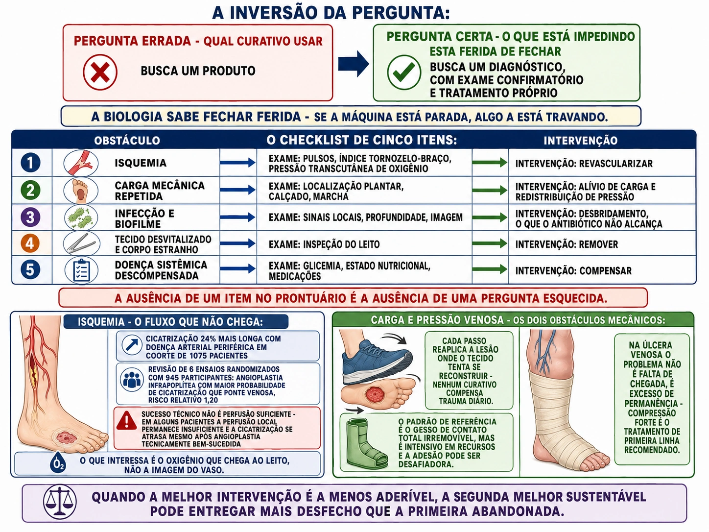 Caixas contrastando a pergunta do curativo com a pergunta do obstáculo, checklist de cinco linhas com obstáculo, exame e intervenção, perna com isquemia e dados de revascularização com alerta sobre perfusão insuficiente, e comparação entre carga plantar e hipertensão venosa.